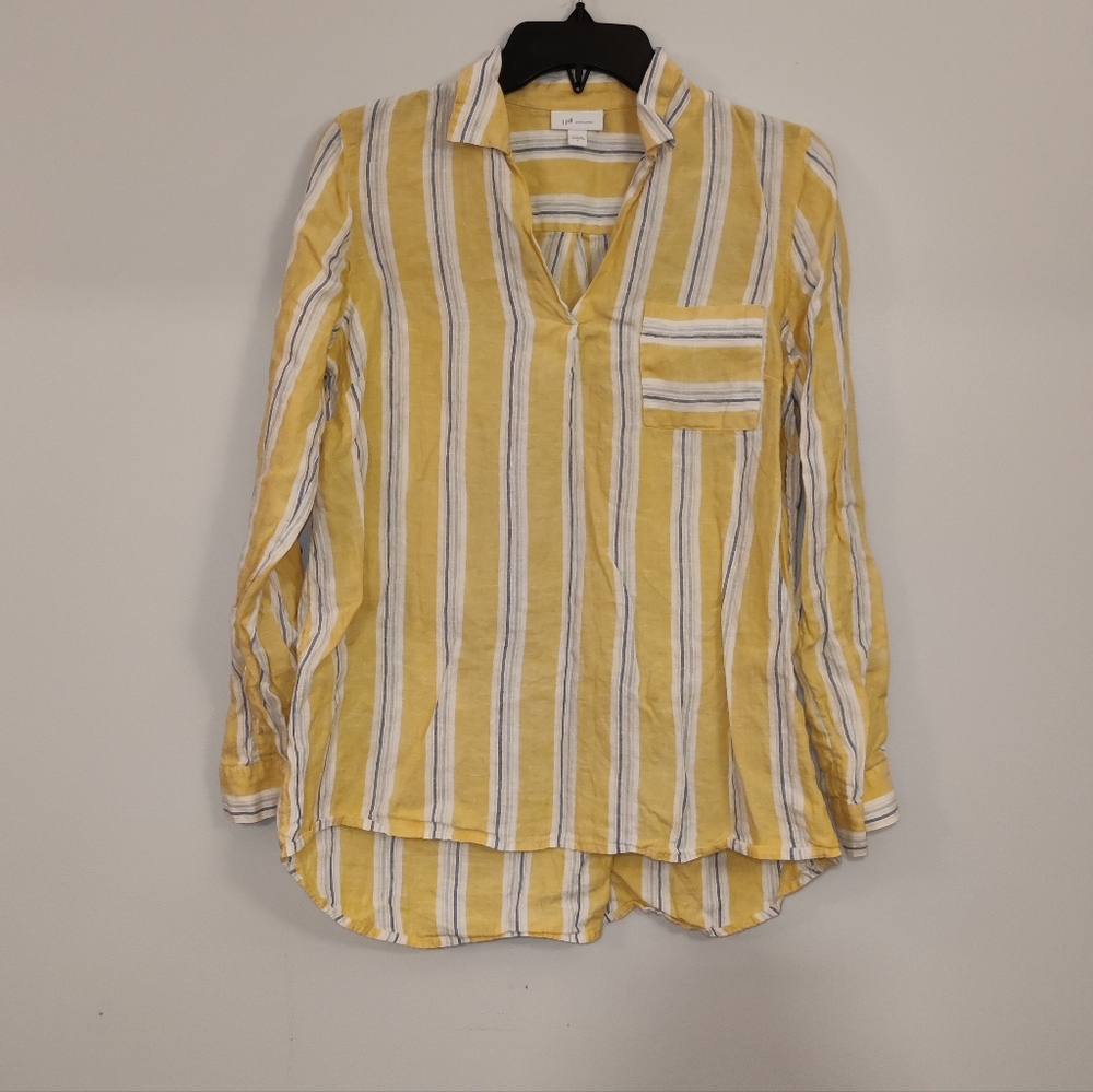 J. Jill Yellow and White Striped Linen Shirt with Blue Accent